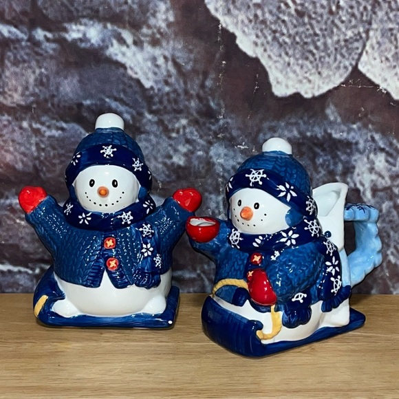 Bico China Ceramic Snowman Sugar Bowl and Creamer Christmas Snowflake Blue - Picture 1 of 12